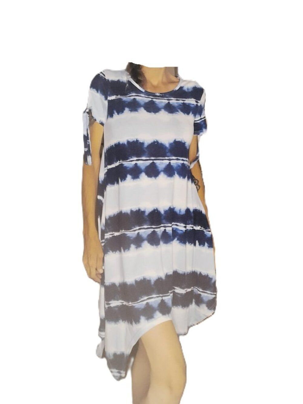 Bobbie Brooks Blue Ocean Stripe Handkerchief Hem Dress Size M | Pockets & Sleeve